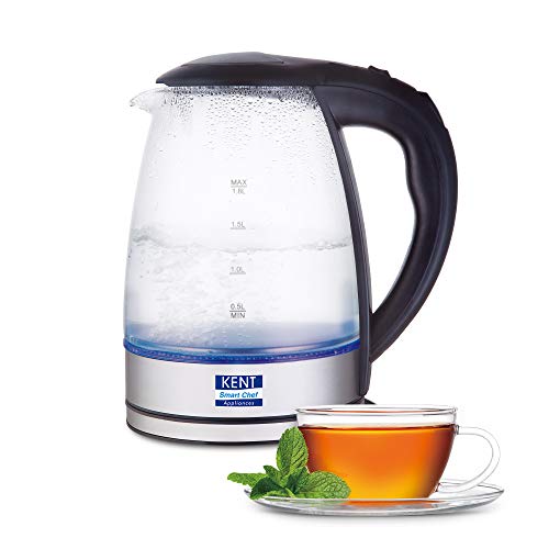 Kent Elegant Electric Glass Kettle (16052), 1.8L, Stainless Steel Heating Plate, Borosilicate Glass Body, Boil Drying Protection